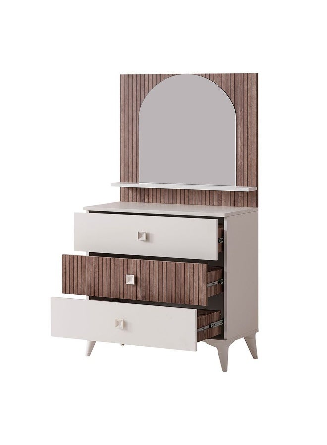 DANUBE HOME Golf 3 Drawer Dresser With Mirror Durable Vanity Table Dressing Makeup Desk With Storage Modern Design Bedroom Furniture (Made In Turkey) L43xW85xH115.8cm-Walnut And Cream  - Image 3