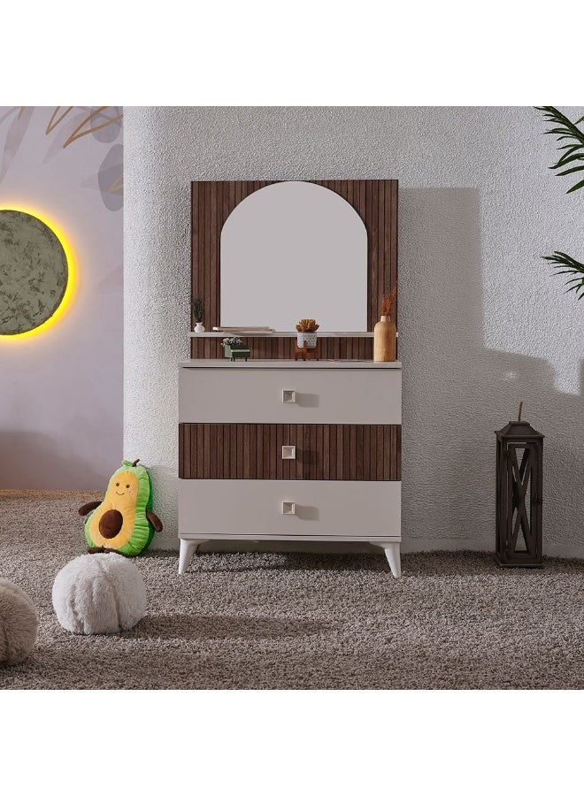 DANUBE HOME Golf 3 Drawer Dresser With Mirror Durable Vanity Table Dressing Makeup Desk With Storage Modern Design Bedroom Furniture (Made In Turkey) L43xW85xH115.8cm-Walnut And Cream  - Image 1