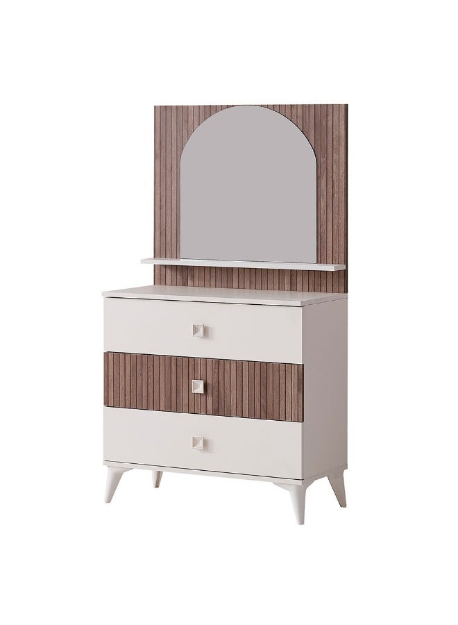 DANUBE HOME Golf 3 Drawer Dresser With Mirror Durable Vanity Table Dressing Makeup Desk With Storage Modern Design Bedroom Furniture (Made In Turkey) L43xW85xH115.8cm-Walnut And Cream  - Image 4
