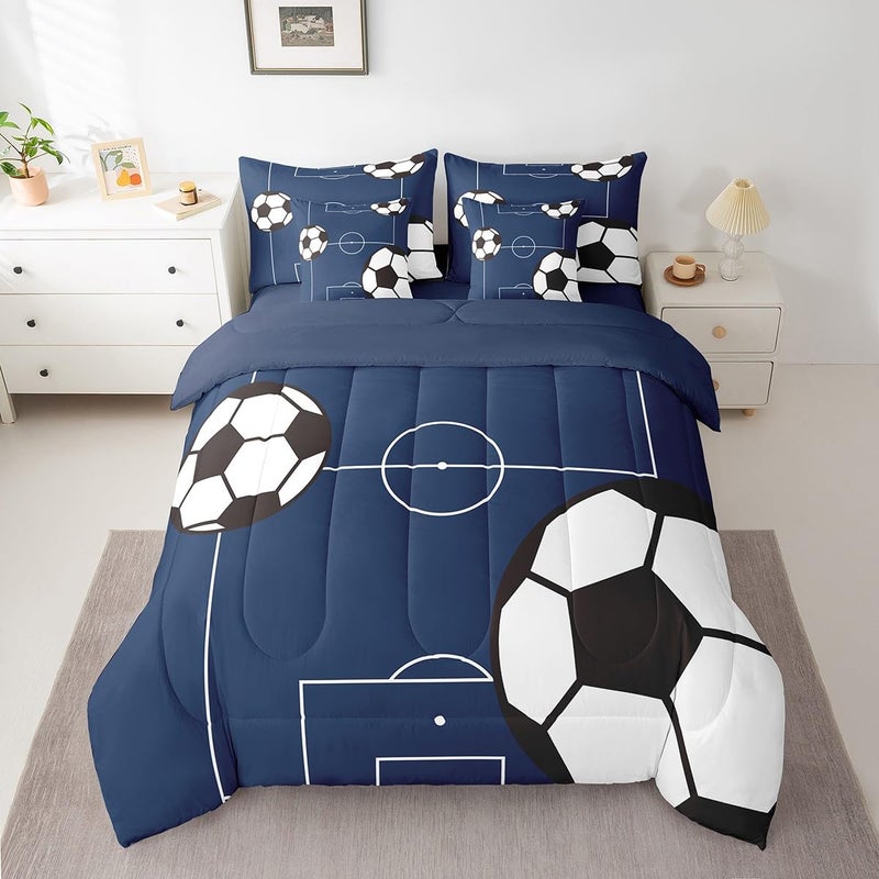 Feelyou Football Bedding Set Queen Size 7 Pieces Kids Soccer Ball Pattern for Boys Girls Teens Sports Theme Football Court Bed in a Bag with Comforter Sheets Pillowcases  Cushion Cover
