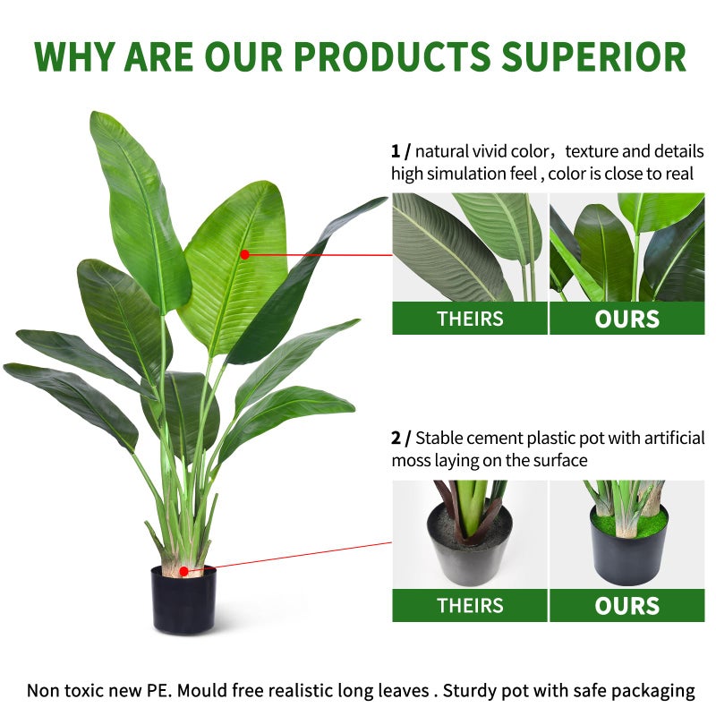 HAIHONG Artificial Bird of Paradise Plant, Fake Tree with Realistic Leaves and Durable pots, Adjustment-Free Branches Artificial Tree for Indoor Outdoor Home Decor (4FT 2Packs) - Image 5