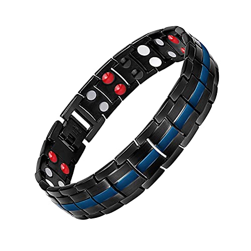 Feraco Mens Magnetic Bracelet Titanium Steel Magnetic Bracelet with Double Row 4 Elements Magnets (Black & Blue) - Image 1
