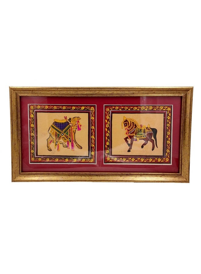 Purpledip Purpledip Silk Cloth Painting Regal Horse & Camel: Indian Rajasthani Intricate Artwork Framed For Table Top Or Wall Hanging; Collectible Miniature Art (12478A) - Image 1