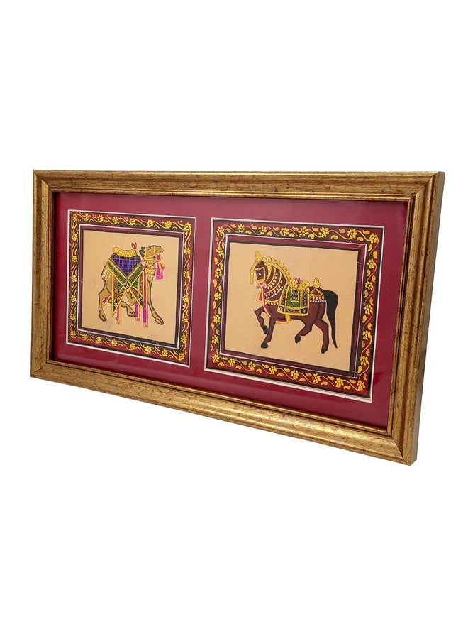 Purpledip Purpledip Silk Cloth Painting Regal Horse & Camel: Indian Rajasthani Intricate Artwork Framed For Table Top Or Wall Hanging; Collectible Miniature Art (12478A) - Image 2