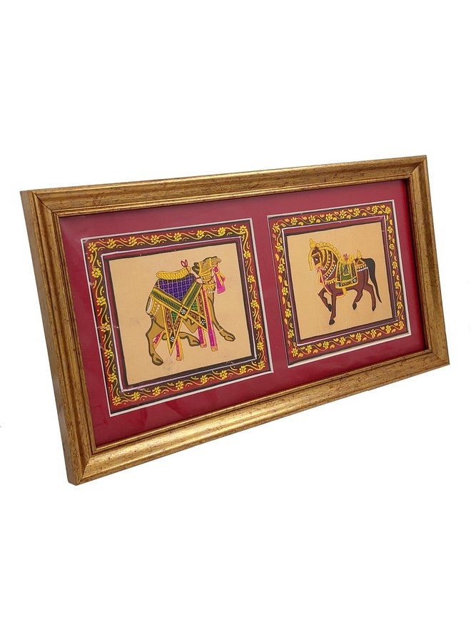 Purpledip Purpledip Silk Cloth Painting Regal Horse & Camel: Indian Rajasthani Intricate Artwork Framed For Table Top Or Wall Hanging; Collectible Miniature Art (12478A) - Image 3