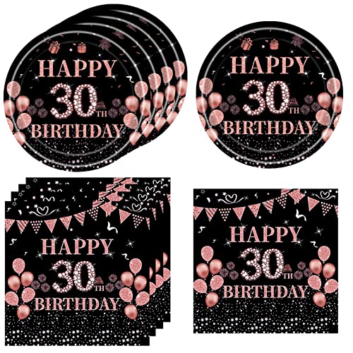 KHAIVI 40 Pcs 30th Birthday Decorations for Her WomenVintage Rose Gold 1996 30 Years Old Birthday Party Decorations Disposable Tableware Kit 30th Birthday Paper Plates and Napkins Set for Girl Ladies Women - Image 1