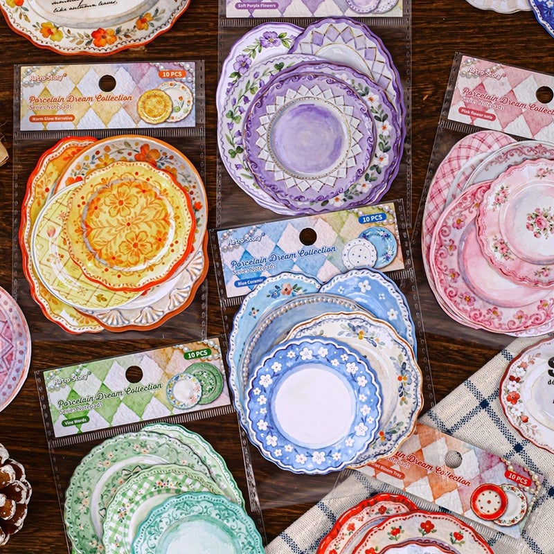 Crimson Flower Plate Washi Style Sticky Notes Office Home Kitchen Decorative Memo Pads With Porcelain Patterns Round Edges Handwritten Look - Image 2