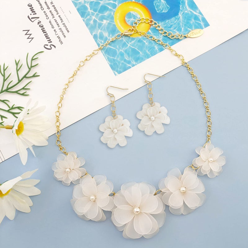 Bocar Acrylic Pendant Collar Flower Statement Choker Necklace for Women(NK-10241-White-set) - Image 2