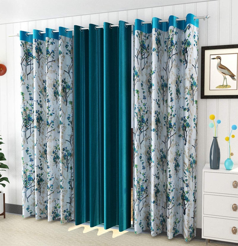 Parda Sansar Plain Solid and Floral 3D Digital Printed Heavy Long Crush Polyester Fabric Eyelets Curtains Combo of 3 for Living Room Bedroom Set of 3 Aqua 4 FEET X 7 FEETGrommet Curtains - Image 1