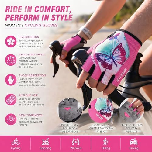 DuShow Women Half Finger Cycling Gloves, Butterfly Pattern Printed with Anti-Slip Shock-Absorbing Pad for Road/Mountain Biking, Gym - Short Fingerless(Pink,S) - Image 2