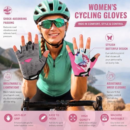 DuShow Women Half Finger Cycling Gloves, Butterfly Pattern Printed with Anti-Slip Shock-Absorbing Pad for Road/Mountain Biking, Gym - Short Fingerless(Pink,S) - Image 3