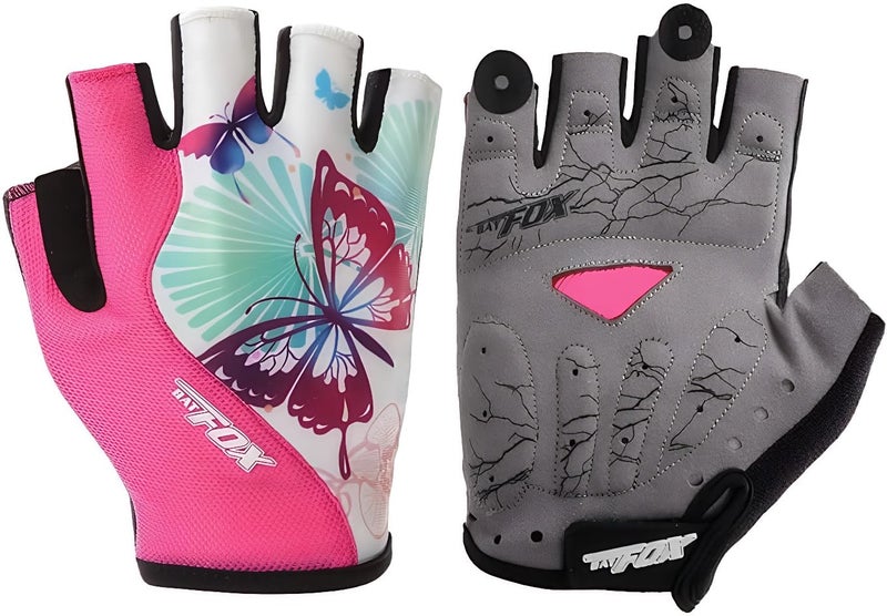 DuShow Women Half Finger Cycling Gloves, Butterfly Pattern Printed with Anti-Slip Shock-Absorbing Pad for Road/Mountain Biking, Gym - Short Fingerless(Pink,S) - Image 1