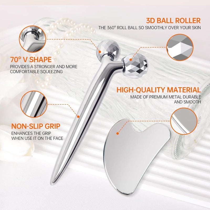 InfiniteRelax 3D Gua Sha Facial Tools Metal Face Roller Stainless Steel Gua Sha Set Cooling Massage Tools for Reduce Puffiness, Firm Skin, Anti-Aging Care - Daily Facial Sculpting Gift for Women - Image 3