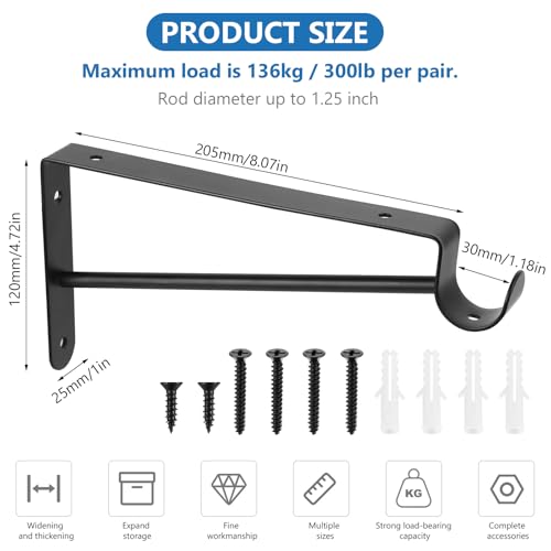 Xingwenhao Shelf and Rod Brackets, 4 Pcs Closet Shelf & Rod Brackets Wall Mounted, Heavy Duty Closet Shelf Closet Bracket with Rods Holder, Closet Shelves Supports with Screws, Black - Image 2