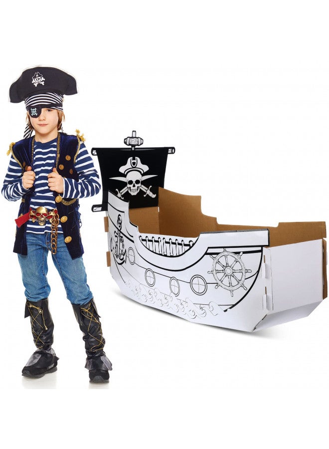 Eaasty Coloring Pirate Boat Playhouse DIY Cardboard House for Kids Fun Halloween Crafts Large Decorate Kids Outdoor Playhouse for Boys Girls Toddlers Gift Indoor Outdoor Storage Folds Easily - Image 1