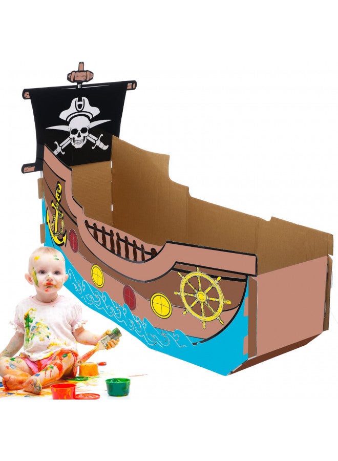 Eaasty Coloring Pirate Boat Playhouse DIY Cardboard House for Kids Fun Halloween Crafts Large Decorate Kids Outdoor Playhouse for Boys Girls Toddlers Gift Indoor Outdoor Storage Folds Easily - Image 4