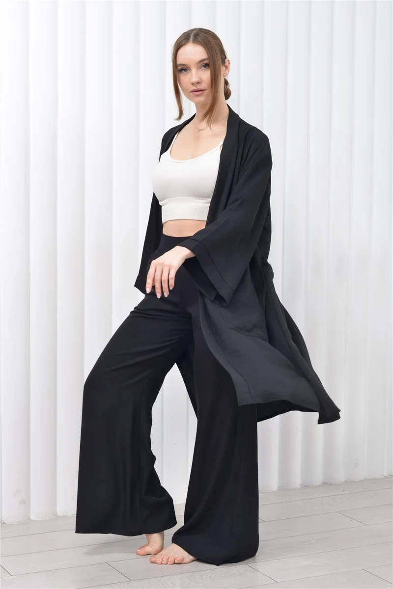 Nuseel Women's Linen Pocket Belted Long Kimono-Pants Two Piece Set Black