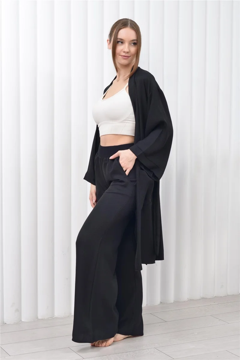 Nuseel Women's Linen Pocket Belted Long Kimono-Pants Two Piece Set Black