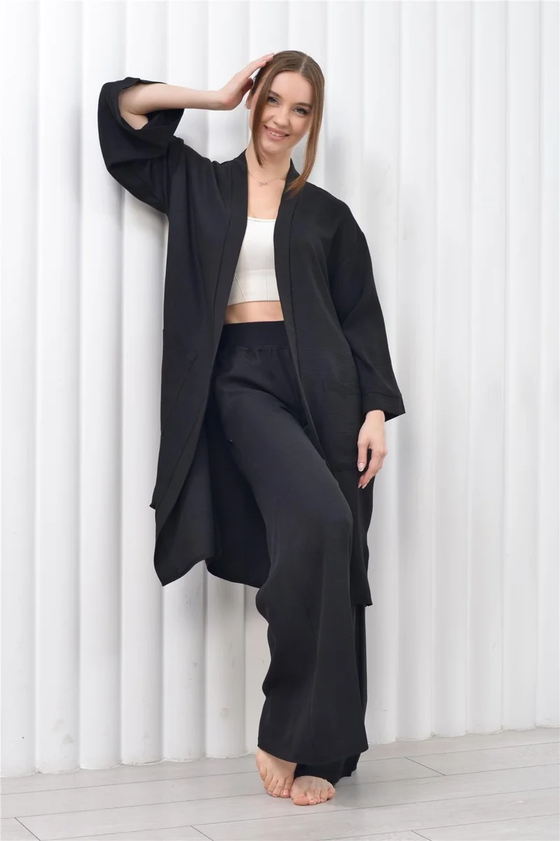 Nuseel Women's Linen Pocket Belted Long Kimono-Pants Two Piece Set Black