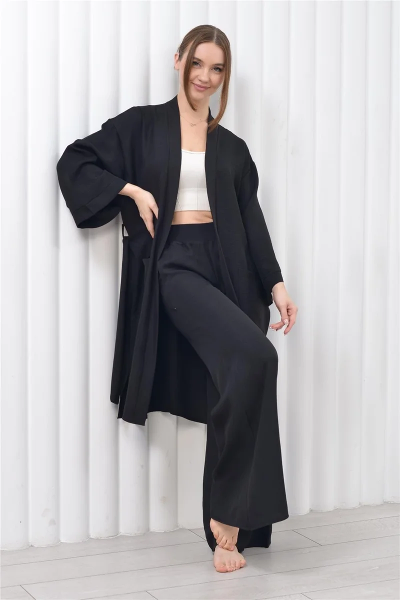 Nuseel Women's Linen Pocket Belted Long Kimono-Pants Two Piece Set Black