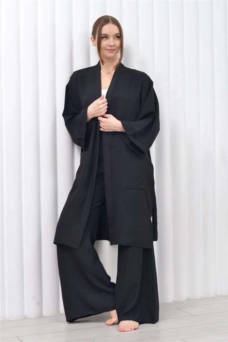 Nuseel Women's Linen Pocket Belted Long Kimono-Pants Two Piece Set Black