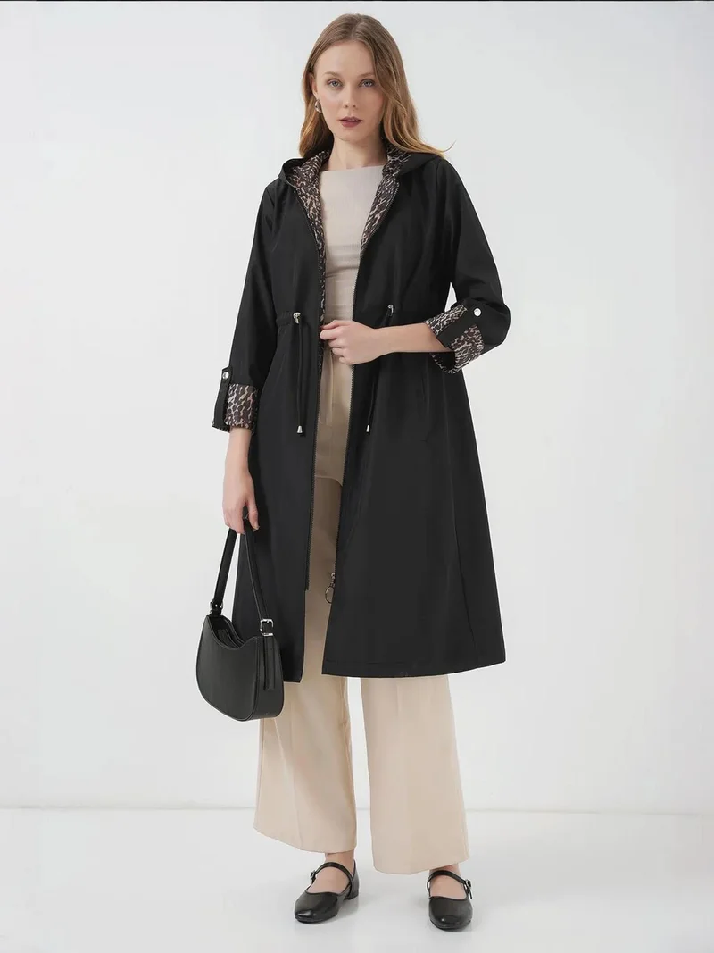 بيغ دارت معطف ترنش طويل بغطاء رأس مخطط بحزام خصر برباط