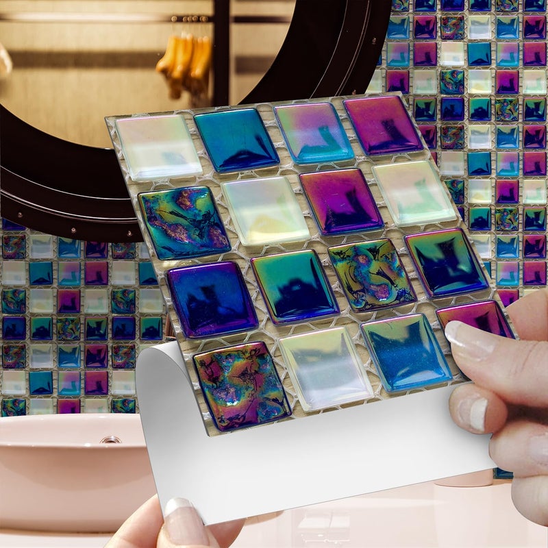 Alwayspon 25Pcs Peel&Stick Mosaic Wall Tile Transfers for Home Decor, 4x4inch Self-Adhesive Waterproof Vinyl Splashback Sticker Tile Decal for Kitchen Bathroom, Colorful Metallic - Image 1