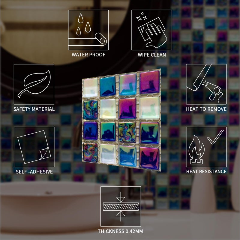 Alwayspon 25Pcs Peel&Stick Mosaic Wall Tile Transfers for Home Decor, 4x4inch Self-Adhesive Waterproof Vinyl Splashback Sticker Tile Decal for Kitchen Bathroom, Colorful Metallic - Image 5