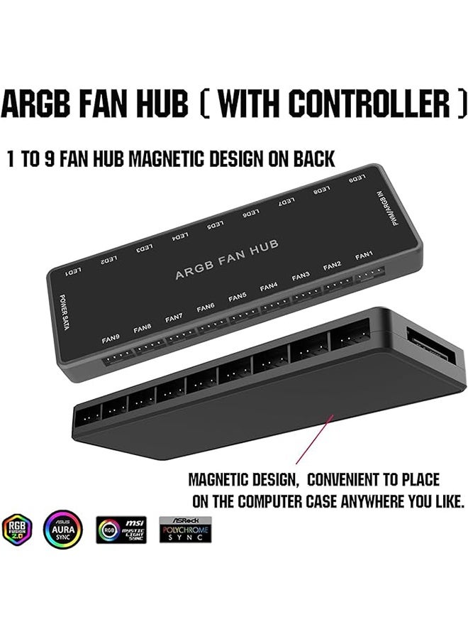 سنو مان ARGB Fan Hub Controller with Remote Control, Pwm Fan Hub Support 9 Groups of Fans for Addressable 5v 3pin Argb u0026 12v 4pin Pwm, 2-in-1 Rgb Case Fan Hub with Hidden Magnetic Base and Sata Power - Image 4