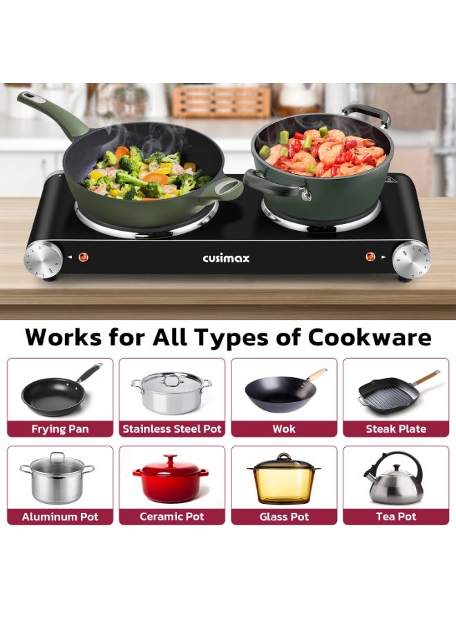 CUSIMAX Electric Double Hot Plate, 1500W+1000W Cast Iron Heating Plate, Dual Temperature Control, Compatible for All Cookware - Image 5