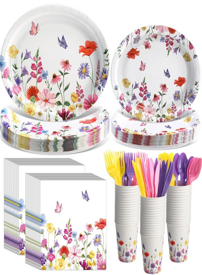 Singhoow 175 Pieces Flower Party Supplies Floral Party Tableware Set for 25 Guests Include Oval Dinner Plates Dessert Plates Napkins Paper Cups Plastic Forks Spoons Knives - Image 1