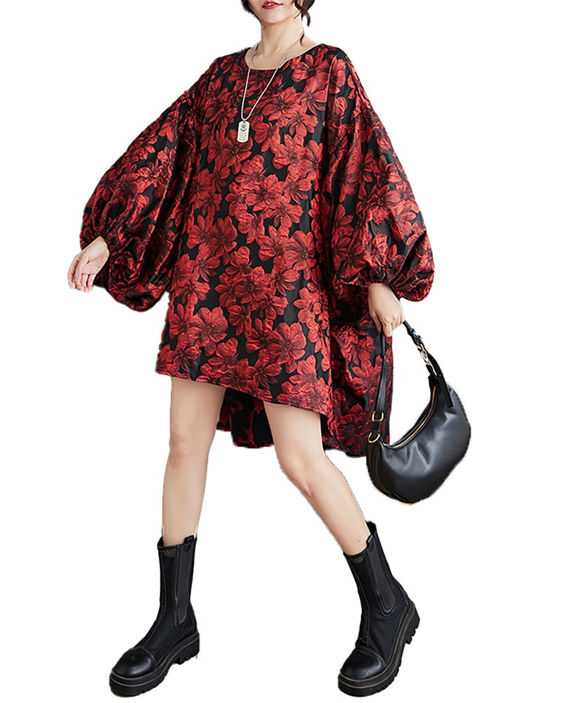ellazhu Women's Dress Long Sleeve Crewneck Flowy High Low Hem Loose Oversize Casual Fall GZ261 Red - Image 1