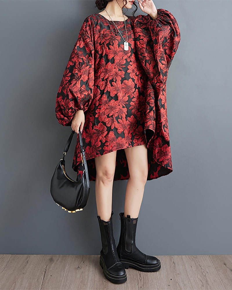 ellazhu Women's Dress Long Sleeve Crewneck Flowy High Low Hem Loose Oversize Casual Fall GZ261 Red - Image 4