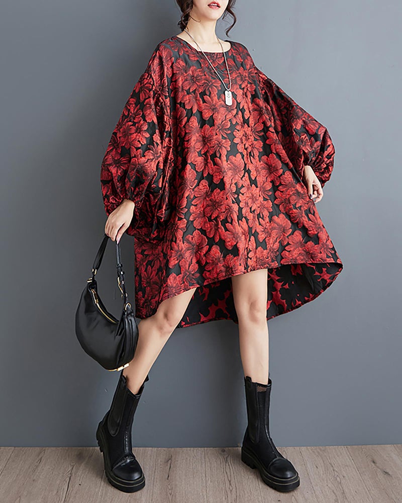ellazhu Women's Dress Long Sleeve Crewneck Flowy High Low Hem Loose Oversize Casual Fall GZ261 Red - Image 3