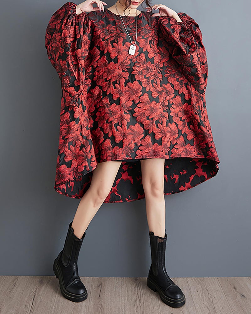 ellazhu Women's Dress Long Sleeve Crewneck Flowy High Low Hem Loose Oversize Casual Fall GZ261 Red - Image 2