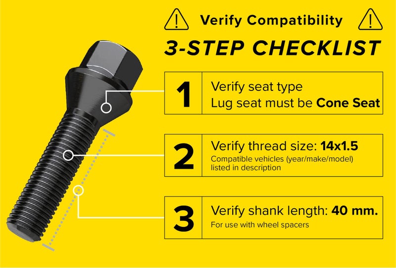 StanceMagic 20pcs Extended Black Lug Bolts 14x1.5 (40mm Shank Length - Not OEM Length, Cone Seat) Compatible with Audi TT A3 A4 S4 A5 S5 A6 S6 A7 B5 B6 B7 B8 Volkswagen Jetta Golf GTI R32 Passat CC Beetle - Image 2