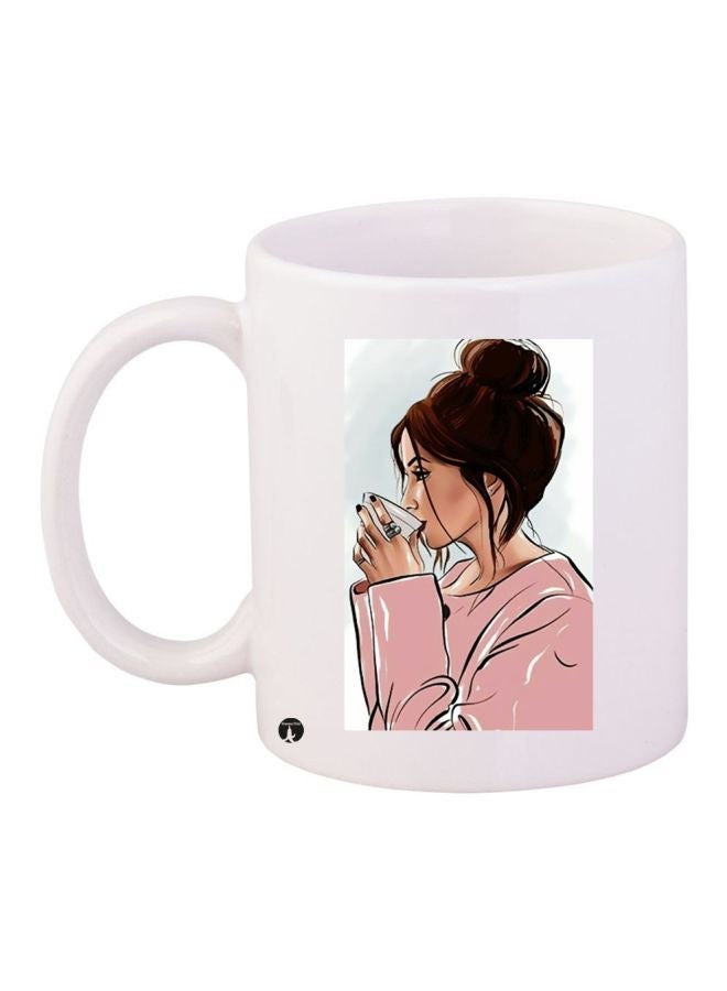 RYN Woman Printed Ceramic Coffee Mug White/Pink/Brown 11ounce