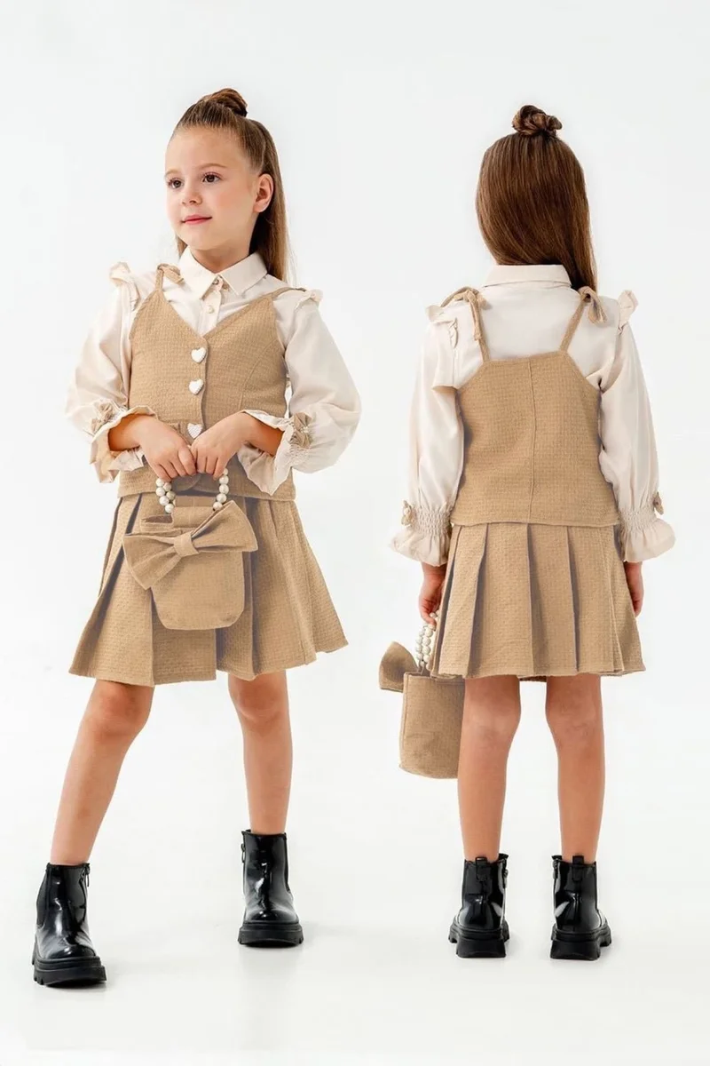 مينيمن جيجيليري My Little One's Ciciler Pleated Skirt Heart Buttoned Bag Girl's Set - Milky Coffee