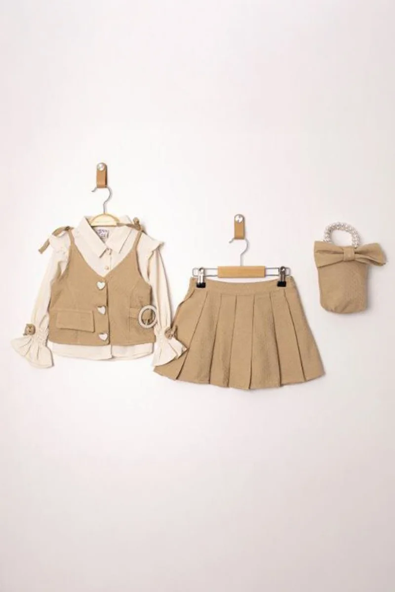 مينيمن جيجيليري My Little One's Ciciler Pleated Skirt Heart Buttoned Bag Girl's Set - Milky Coffee