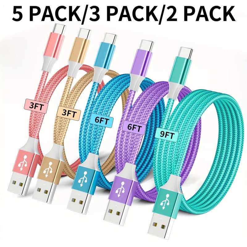 كابل شحن سريع من USB A إلى USB C، عبوة من 5 قطع، مضفر بالنايلون، أطوال 3 و3 و6 و6 و9 أقدام. - Image 1