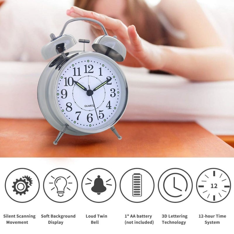 CVD Vintage Alarm Clock Twin Bell with Night Backlight Function and Silent Motion Metal Frame High Volume Bedside Luminous Alarm for Students BedroomOffice Black Silver - Image 5