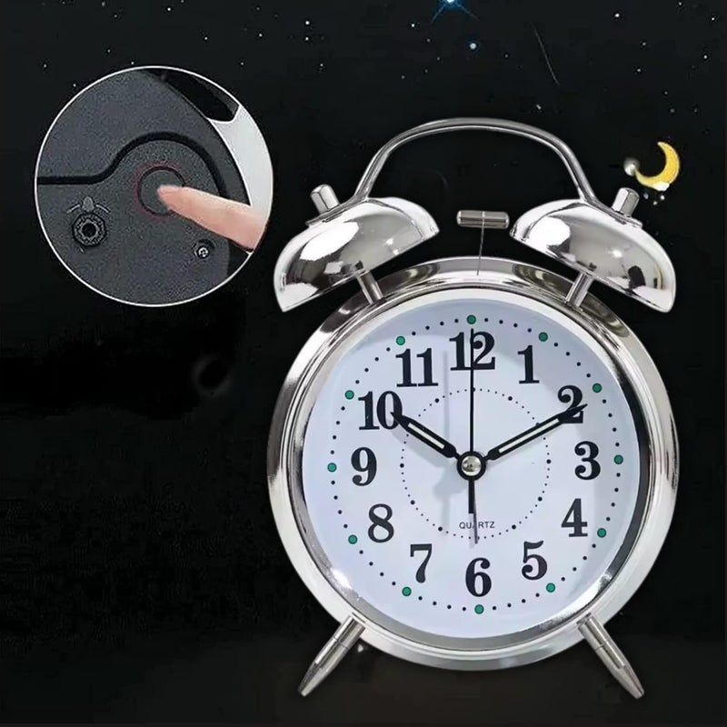CVD Vintage Alarm Clock Twin Bell with Night Backlight Function and Silent Motion Metal Frame High Volume Bedside Luminous Alarm for Students BedroomOffice Black Silver - Image 4