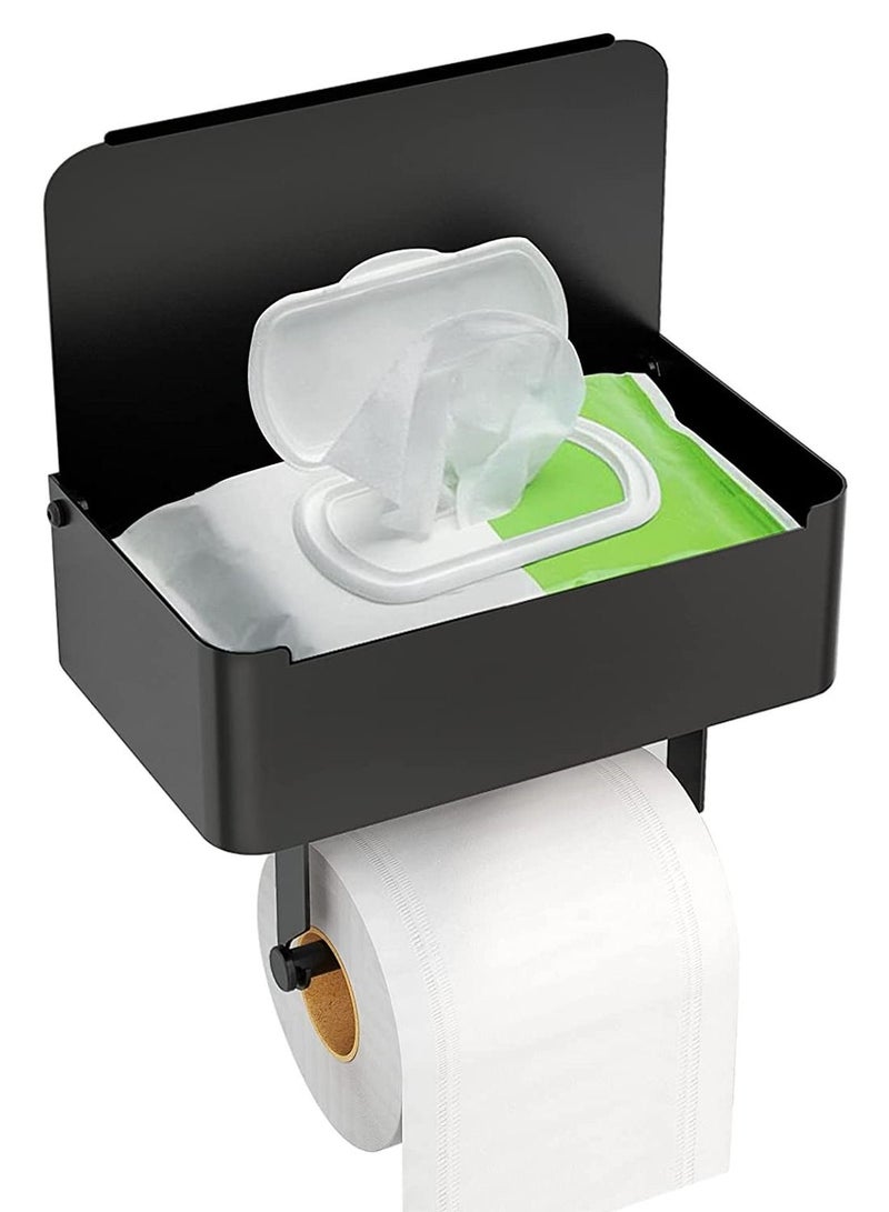Excefore Toilet Paper Holder with Shelf, Flushable Wipes Dispenser Fits for Bathroom Wipe Storage, Keep Your Hidden Out of Sight - Stainless Steel Wall Mount Organizer (Matte Black)  - Image 1