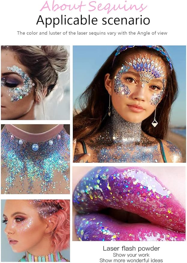 GLTurelifes Chunky Glitter Gel Glitter Body Gel Festival Glitter Cosmetic Face Hair Nails Makeup Mermaid Sequins Liquid Eyeshadow Long Lasting Sparkling 50ml Easy to Apply Easy to Remove 06 White