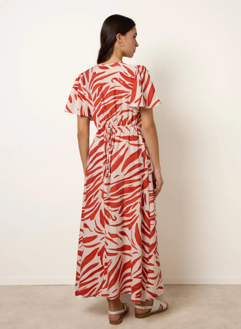 Blue Vanilla Dress With Brushstroke Leaf Print