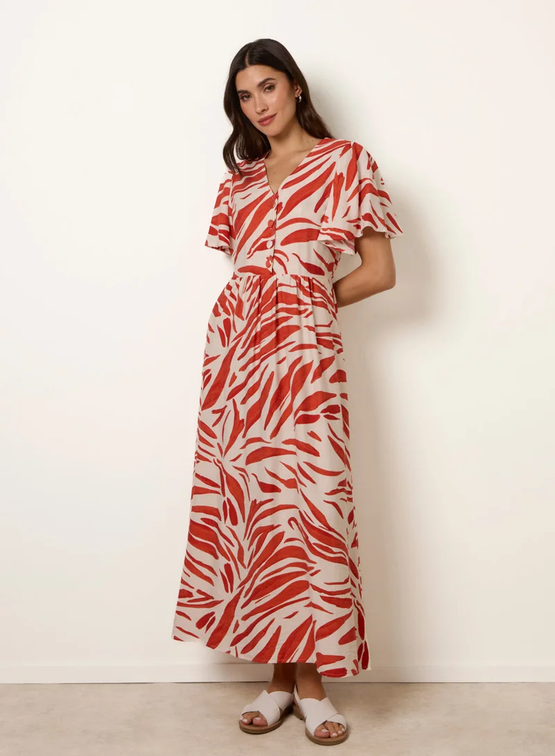 Blue Vanilla Dress With Brushstroke Leaf Print