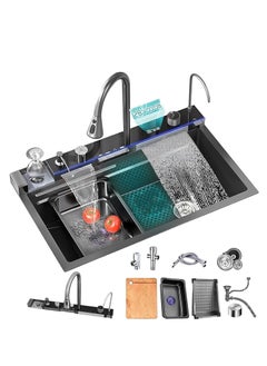 Sink Kitchen Sink, 304 Stainless Steel Waterfall Sink, Nano Workstation Sink with Digital Dispaly, Pull-out Faucet, Drop in Kitchen Sink with Accessories,Temperature real-time display (80×46×22cm)  - Image 1
