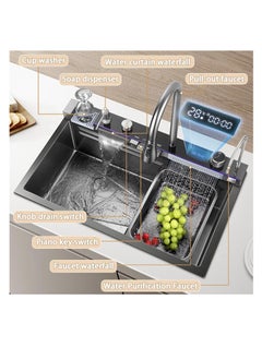 Sink Kitchen Sink, 304 Stainless Steel Waterfall Sink, Nano Workstation Sink with Digital Dispaly, Pull-out Faucet, Drop in Kitchen Sink with Accessories,Temperature real-time display (80×46×22cm)  - Image 2