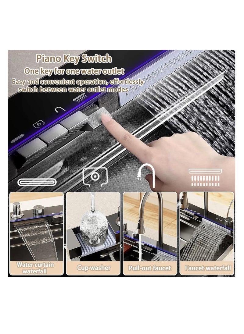 Sink Kitchen Sink, 304 Stainless Steel Waterfall Sink, Nano Workstation Sink with Digital Dispaly, Pull-out Faucet, Drop in Kitchen Sink with Accessories,Temperature real-time display (80×46×22cm)  - Image 3