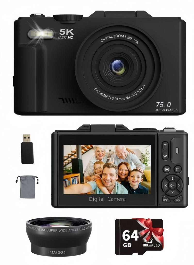 5K Digital Camera with 64GB TF Card, 75MP Cameras Digital for Photography, 18X Zoom Point and Shoot Vlogging Camcorder for YouTube, 3 180° Flip Screen  Wide-Angle Lens – Ideal Beginner Gift - Image 1